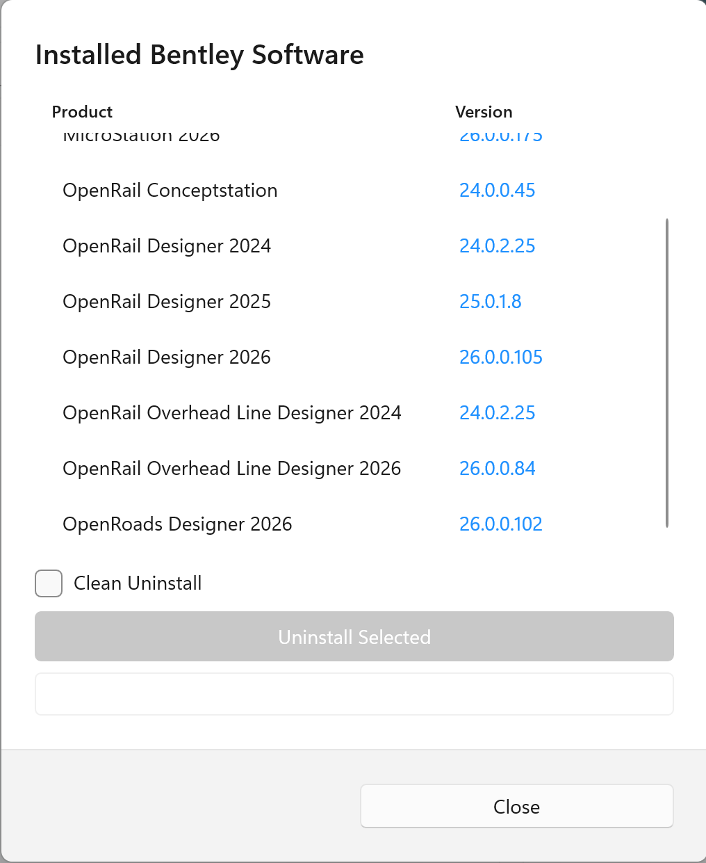 Installed Bentley Software dialog